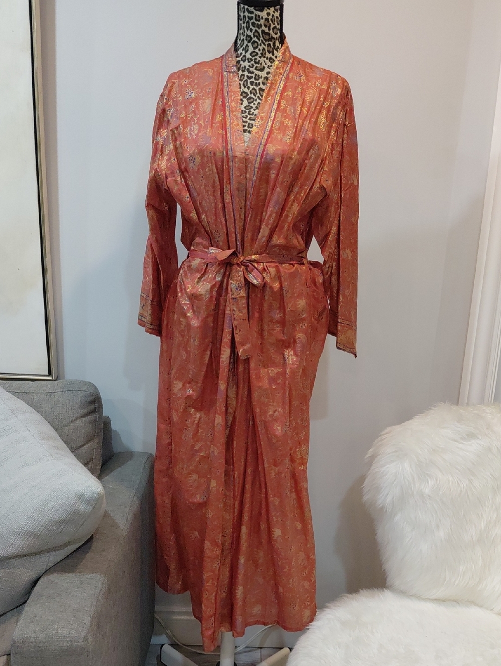 Silky Coral Floral Tie-Waist Robe